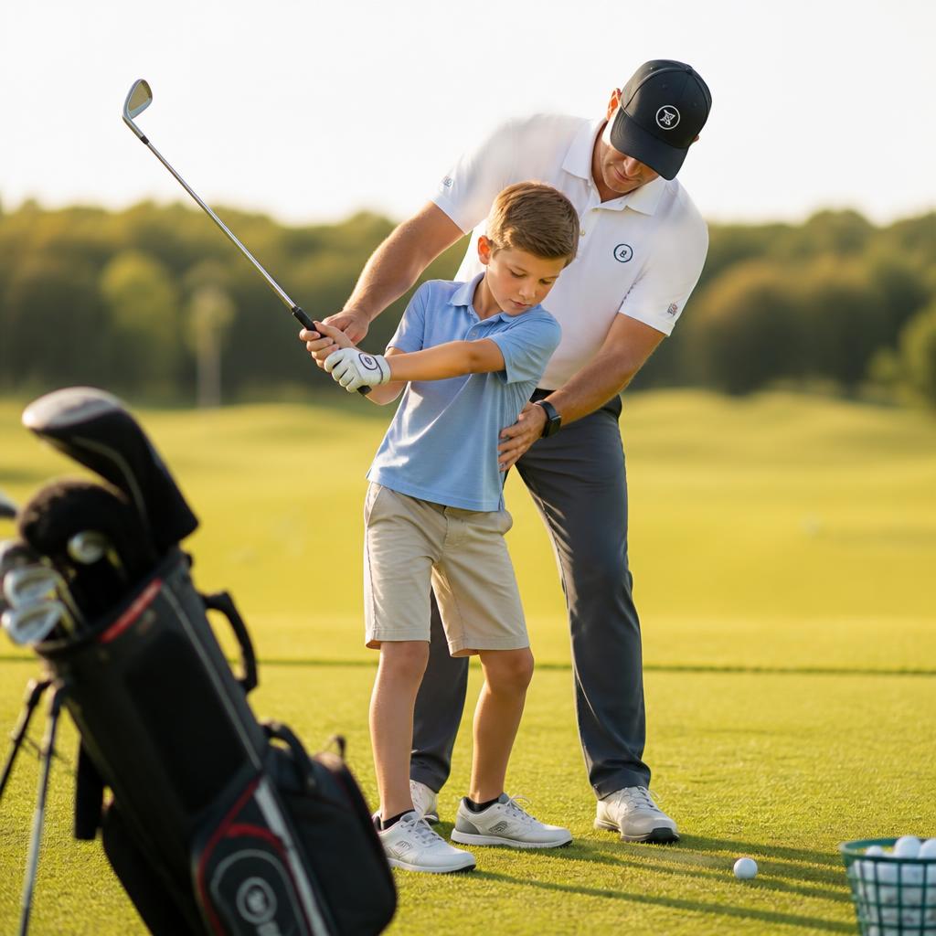 A coach teaching a young junior golfer