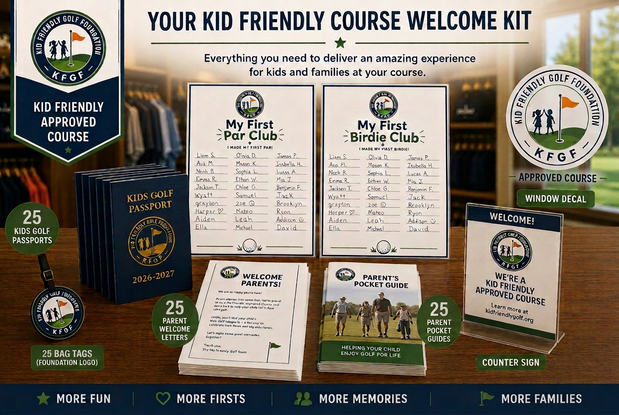Kid Friendly Golf Foundation welcome kit — passports, milestone posters, parent flyers, and family-first signage